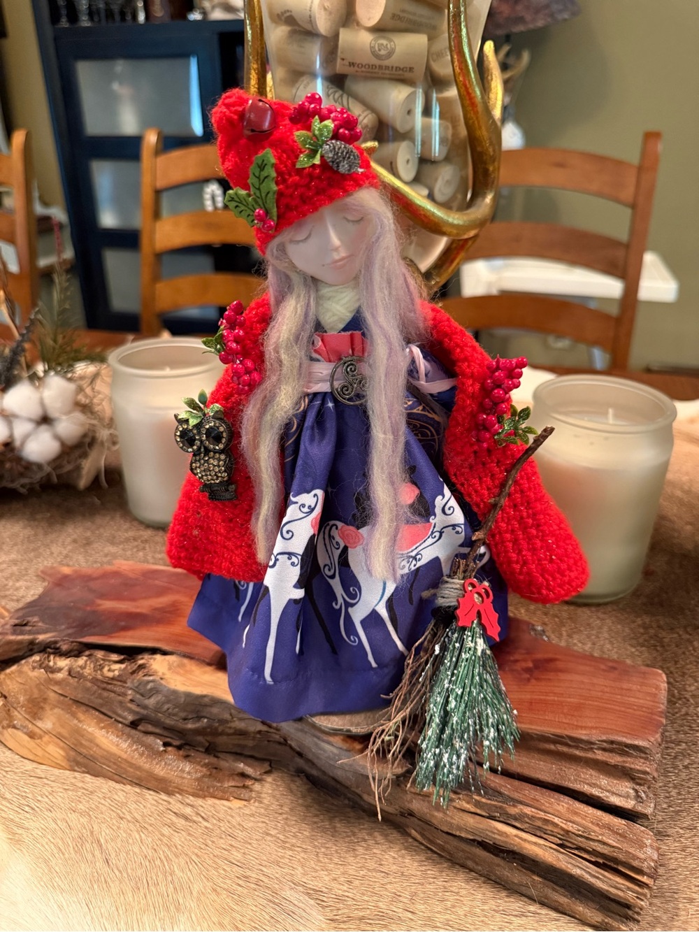 Handcrafted Red Knit Fairy Doll with Blue Dress